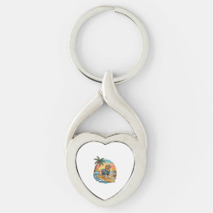 Golden Retriever Dog Surfing Surfboard Sunset Palm Keychain
