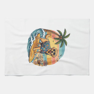 Golden Retriever Dog Surfing Surfboard Sunset Palm Kitchen Towel