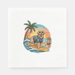 Golden Retriever Dog Surfing Surfboard Sunset Palm Napkins