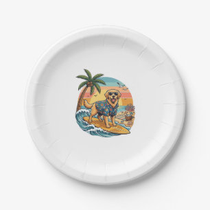 Golden Retriever Dog Surfing Surfboard Sunset Palm Paper Plates