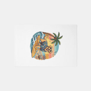 Golden Retriever Dog Surfing Surfboard Sunset Palm Rug