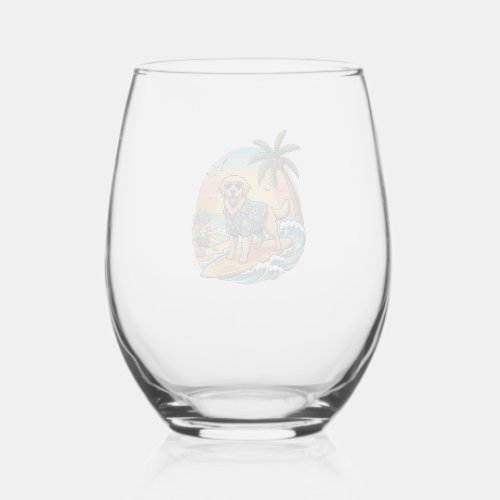 Golden Retriever Dog Surfing Surfboard Sunset Palm Stemless Wine Glass