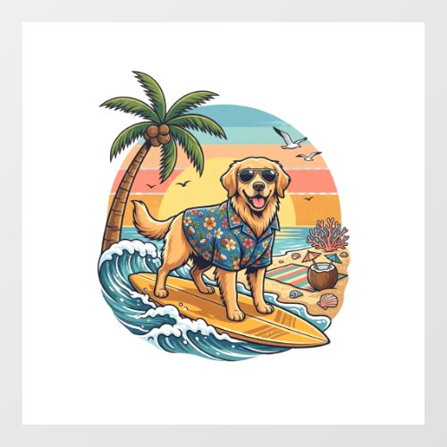 Golden Retriever Dog Surfing Surfboard Sunset Palm Window Cling