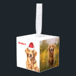 Golden Retriever Dog Two Photo Christmas Holiday Cube Ornament<br><div class="desc">Whether a fun Christmas ornament or a way to remember your beloved Golden Retriever each year you decorate the tree,  this cute cube ornament has a place for your dog's name and two photos with a light gray woof word art background on white.</div>