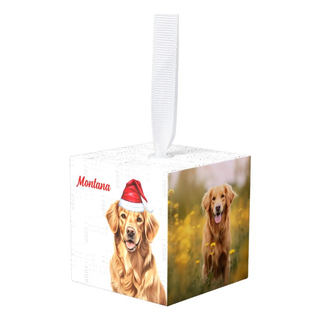 Golden Retriever Dog Two Photo Christmas Holiday Cube Ornament (Front Angled)