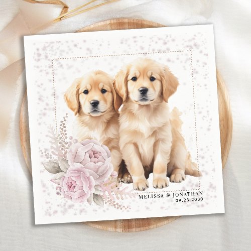 Golden Retriever Dog Vintage Pink Floral Wedding Napkins