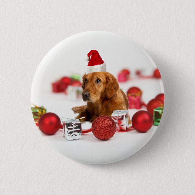 Golden Retriever Dog W Red Santa Hat Christmas Button (Front)