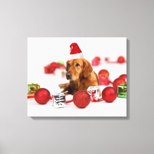 Golden Retriever Dog W Red Santa Hat Christmas Canvas Print