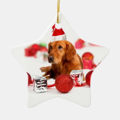 Golden Retriever Dog W Red Santa Hat Christmas Ceramic Ornament
