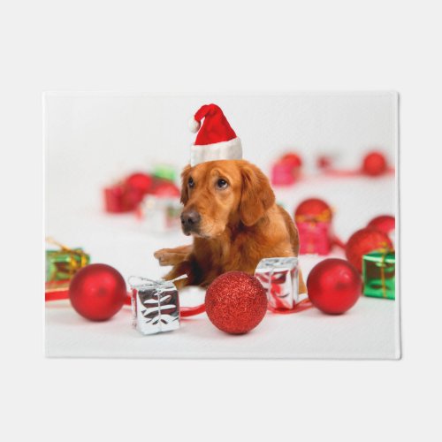 Golden Retriever Dog W Red Santa Hat Christmas Doormat
