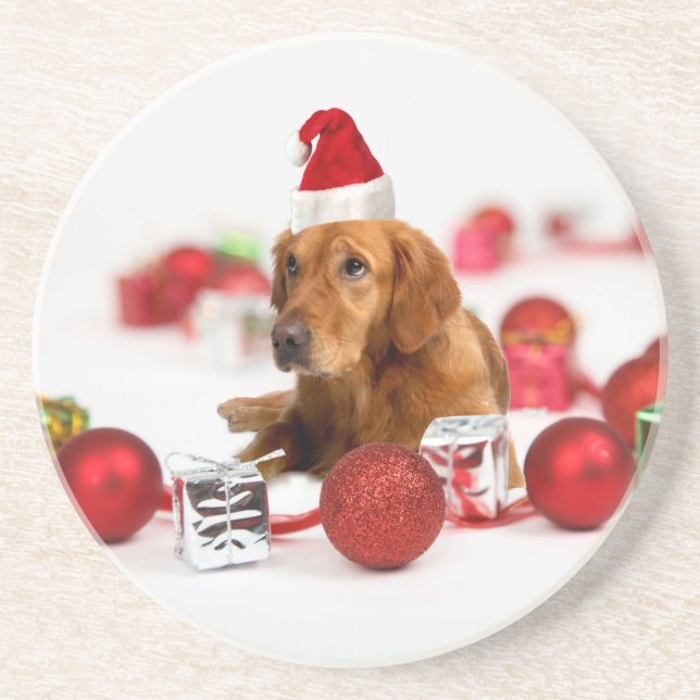 Golden Retriever Dog W Red Santa Hat Christmas Drink Coaster (Front)