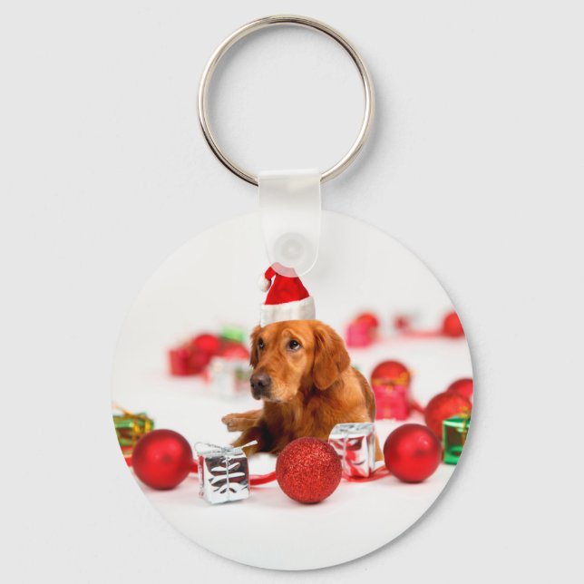 Golden Retriever Dog W Red Santa Hat Christmas Keychain (Front)