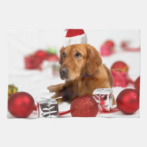Golden Retriever Dog W Red Santa Hat Christmas Kitchen Towel