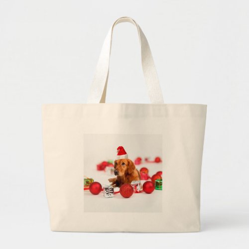 Golden Retriever Dog W Red Santa Hat Christmas Large Tote Bag
