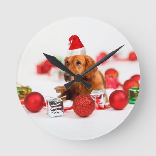 Golden Retriever Dog W Red Santa Hat Christmas Round Clock