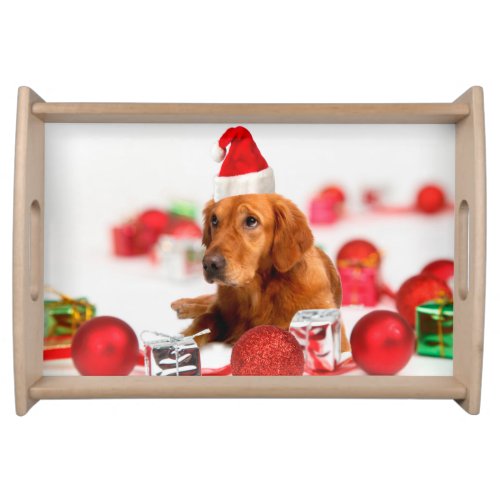 Golden Retriever Dog W Red Santa Hat Christmas Serving Tray