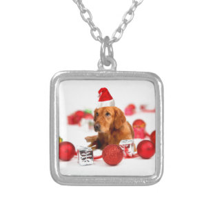Golden Retriever Dog W Red Santa Hat Christmas Silver Plated Necklace