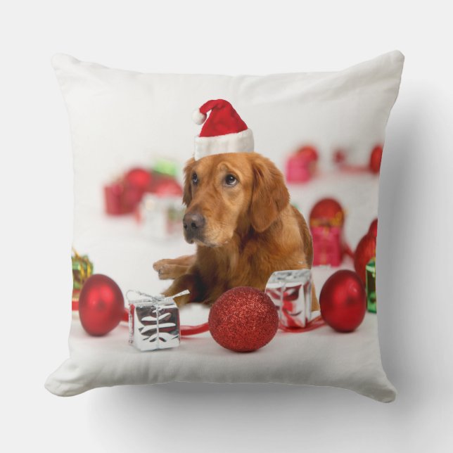 Golden Retriever Dog W Red Santa Hat Christmas Throw Pillow (Front)