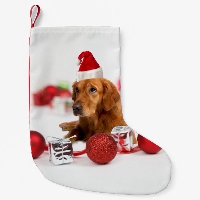 Golden Retriever Dog W Red Santa Hat Small Christmas Stocking (Front)