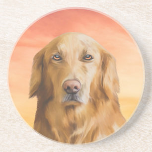 Golden Retriever Dog Water Color Art Oil Painting Sandstone Coaster
