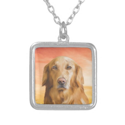 Golden Retriever Dog Water Color Art Oil Painting Silver Plated Necklace