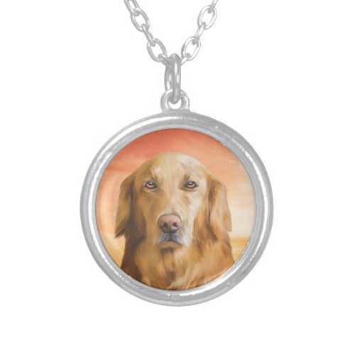 Golden Retriever Dog Water Color Art Oil Painting Silver Plated Necklace