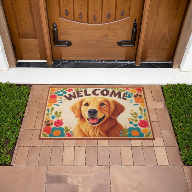 Golden Retriever Dog Welcome Colorful Border Doormat (Outdoor)