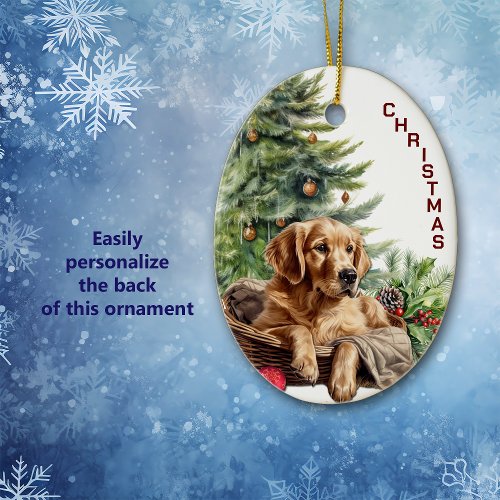 Golden Retriever Dog Wicker Basket Christmas Ceramic Ornament