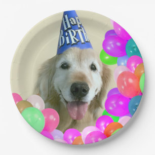 Golden Retriever Dog With Balloons Birthday Paper Plates