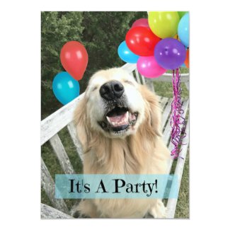 Golden Retriever Dog With Balloons Custom Birthday Invitation
