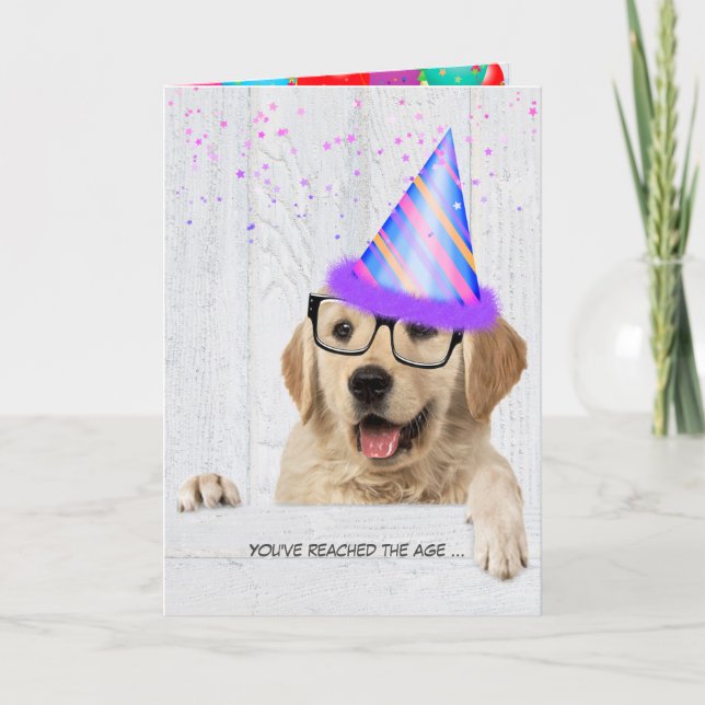 Golden Retriever Dog with birthday party hat Card (Front)