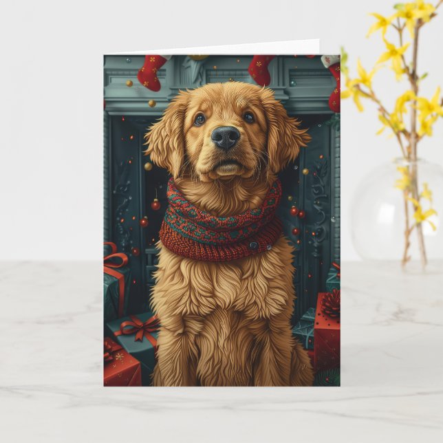 Golden Retriever Dog With Christmas Gift Fireplace Card (Yellow Flower)