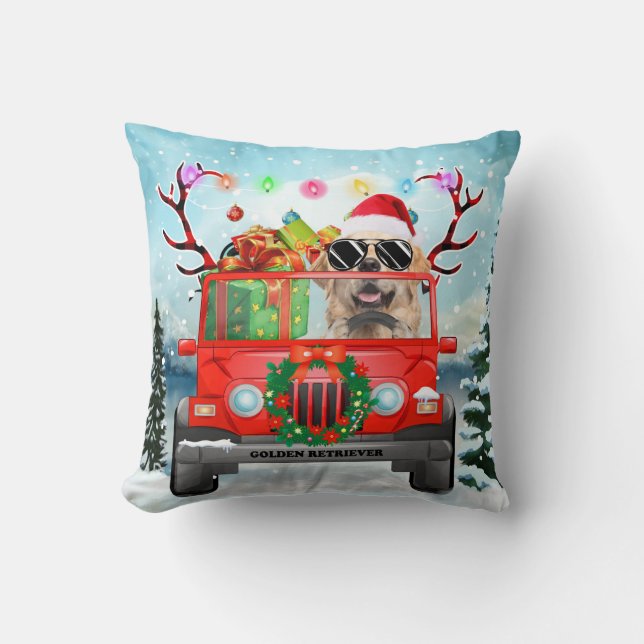 Golden Retriever dog with Christmas gifts Throw Pillow (Front)