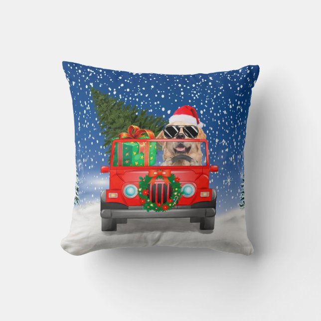 Golden Retriever dog with Christmas gifts Throw Pillow (Front)