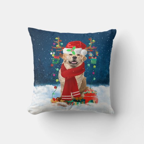 Golden Retriever dog with Christmas gifts Throw Pillow