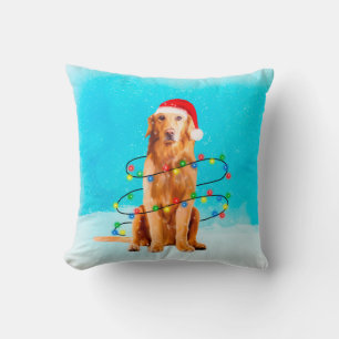Golden Retriever Dog with Christmas Hat Throw Pillow