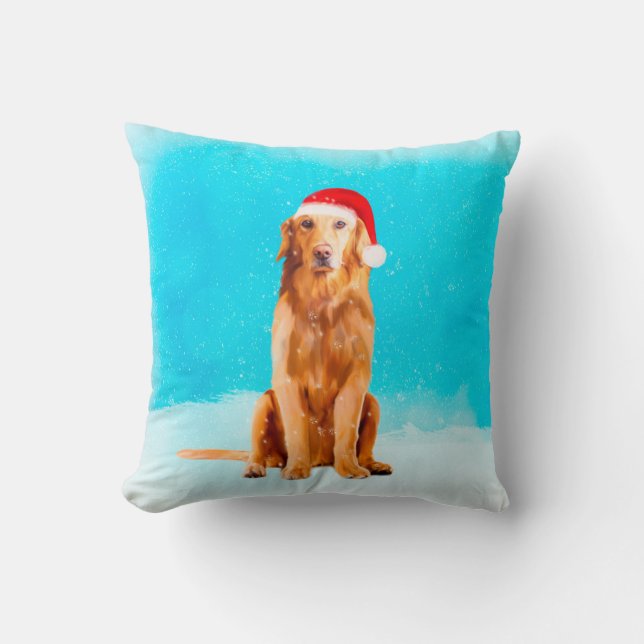 Golden Retriever Dog with Christmas Hat Throw Pillow (Front)