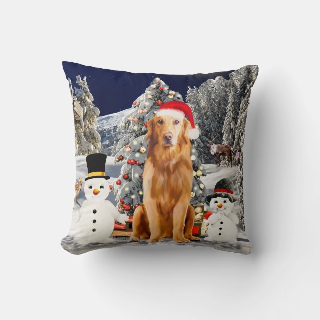 Golden Retriever Dog with Christmas Hat Throw Pillow (Front)