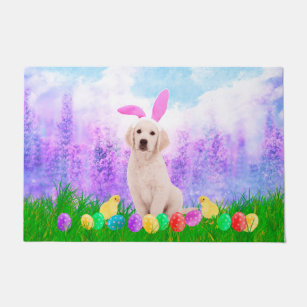 Golden Retriever Dog with Easter Eggs Bunny Chicks Doormat