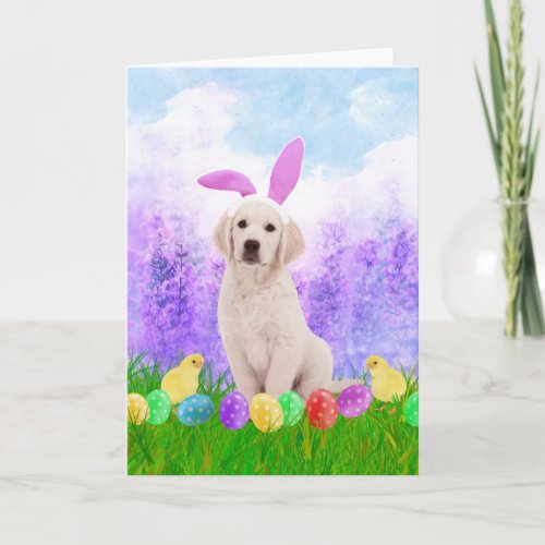 Golden Retriever Dog with Easter Eggs Bunny Chicks Holiday Card