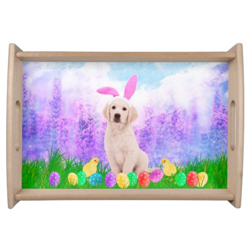 Golden Retriever Dog with Easter Eggs Bunny Chicks Serving Tray