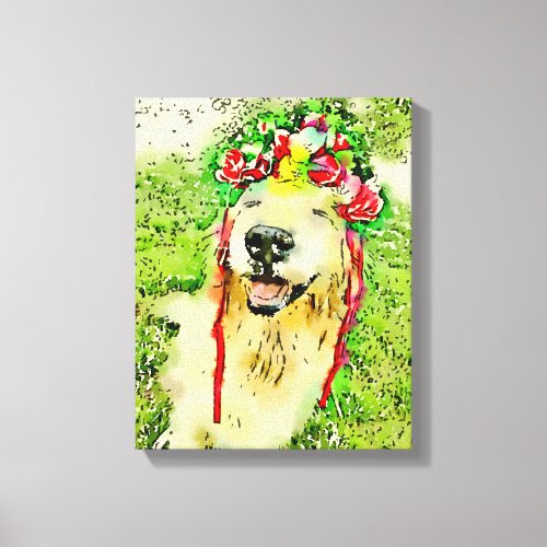 Golden Retriever Dog With Flower Crown Watercolor Canvas Print