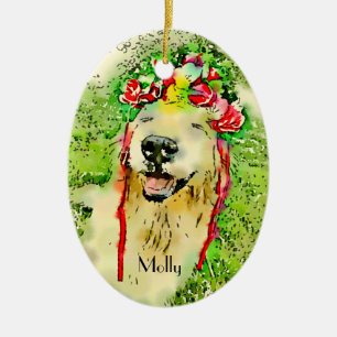Golden Retriever Dog With Flower Crown Watercolor Ceramic Ornament