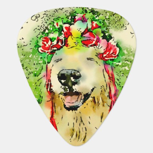 Golden Retriever Dog With Flower Crown Watercolor Guitar Pick