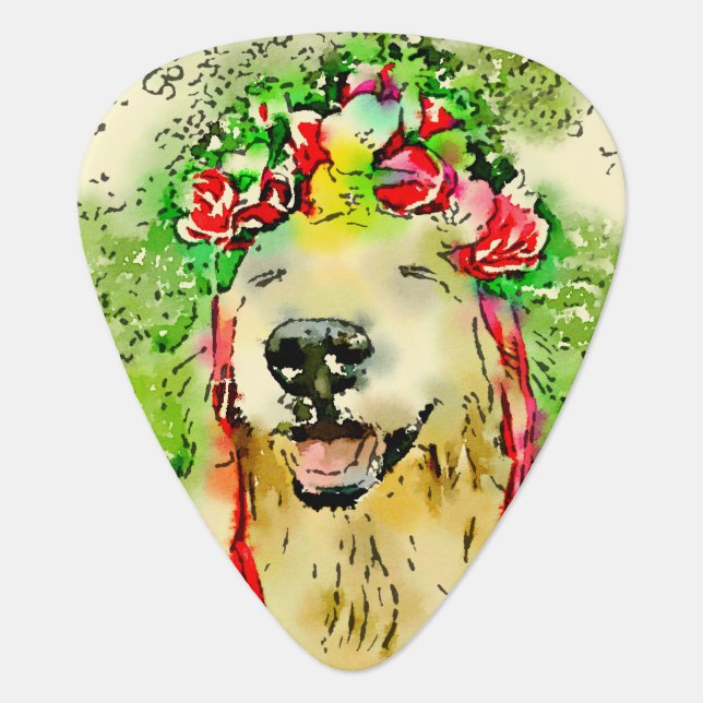 Golden Retriever Dog With Flower Crown Watercolor Guitar Pick (Front)