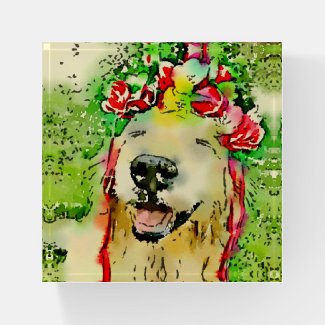 Golden Retriever Dog With Flower Crown Watercolor Paperweight