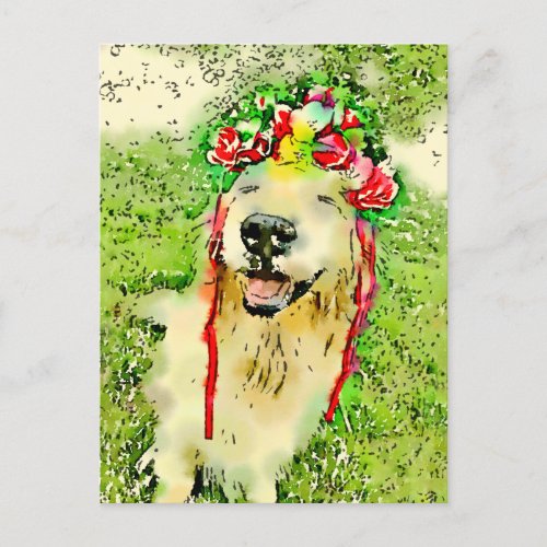 Golden Retriever Dog With Flower Crown Watercolor Postcard
