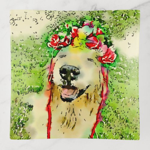 Golden Retriever Dog With Flower Crown Watercolor Trinket Tray