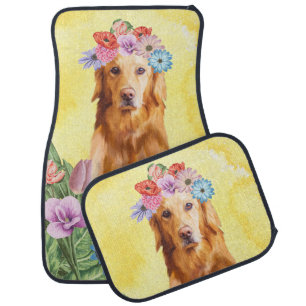 Golden Retriever Dog with Flowers Car Floor Mat