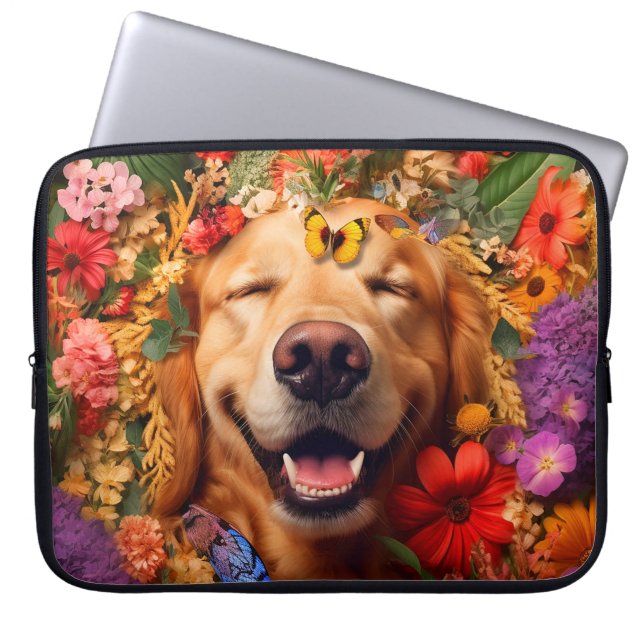 Golden Retriever Dog with Flowers Laptop Bag  (Front)